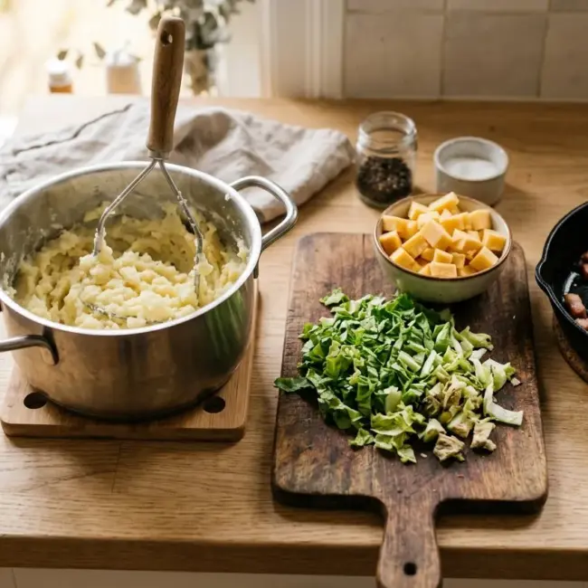 Aardappelpuree, gesneden andijvie, gebakken spekjes en kaasblokjes klaar om te mengen