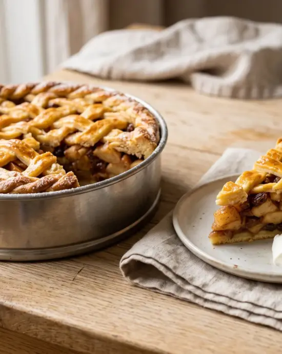 Ouderwetse Hollandse appeltaart met deegrooster en een punt met slagroom