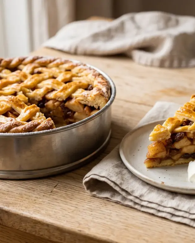 Ouderwetse Hollandse appeltaart met deegrooster en een punt met slagroom