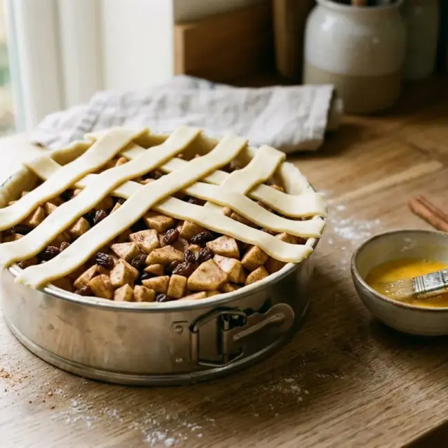 Ongebakken appeltaart in springvorm met appelvulling en deegstroken als rooster