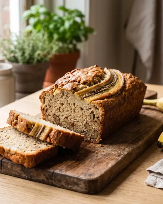 Zelfgebakken bananenbrood met walnoten, aangesneden op een houten plank