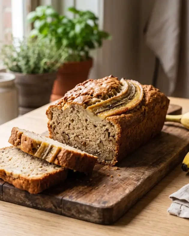 Zelfgebakken bananenbrood met walnoten, aangesneden op een houten plank