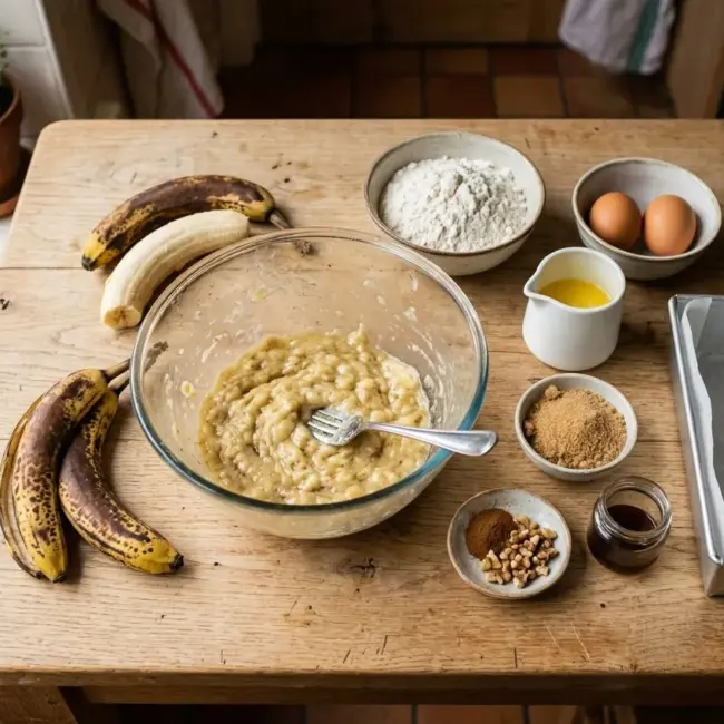 Geprakte rijpe bananen en ingrediënten voor bananenbrood