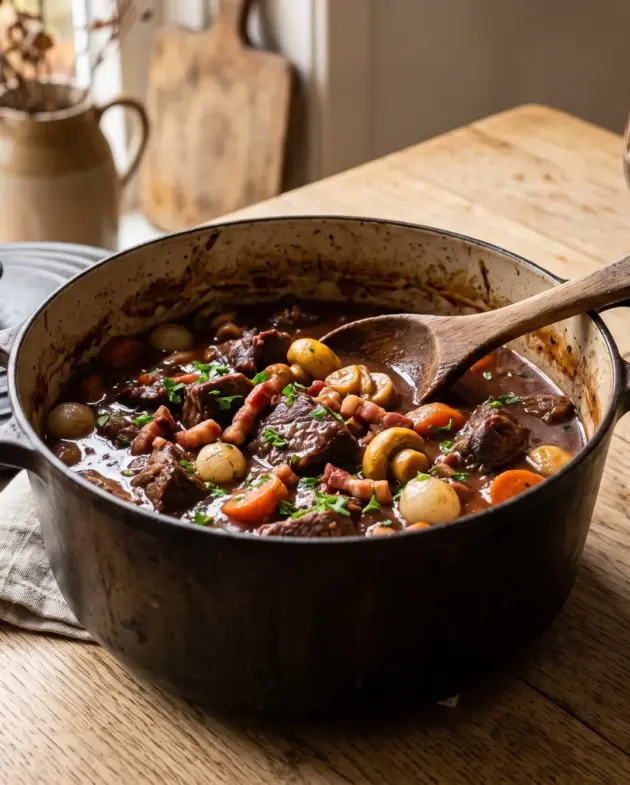 Boeuf bourguignon in een gietijzeren pan met mals rundvlees, champignons, zilveruitjes en wortel in rodewijnsaus