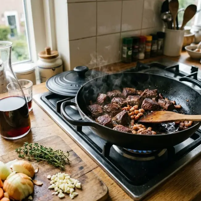 Rundvlees aanbraden in de braadpan voor boeuf bourguignon