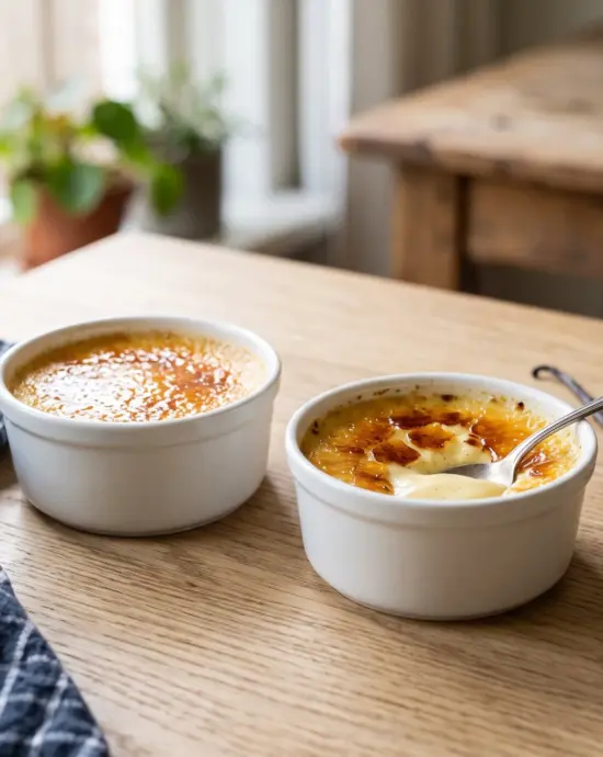 Crème brûlée met krokante karamellaag in witte schaaltjes
