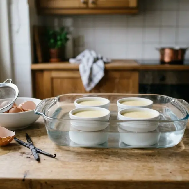 Crème brûlée schaaltjes au bain-marie in een ovenschaal