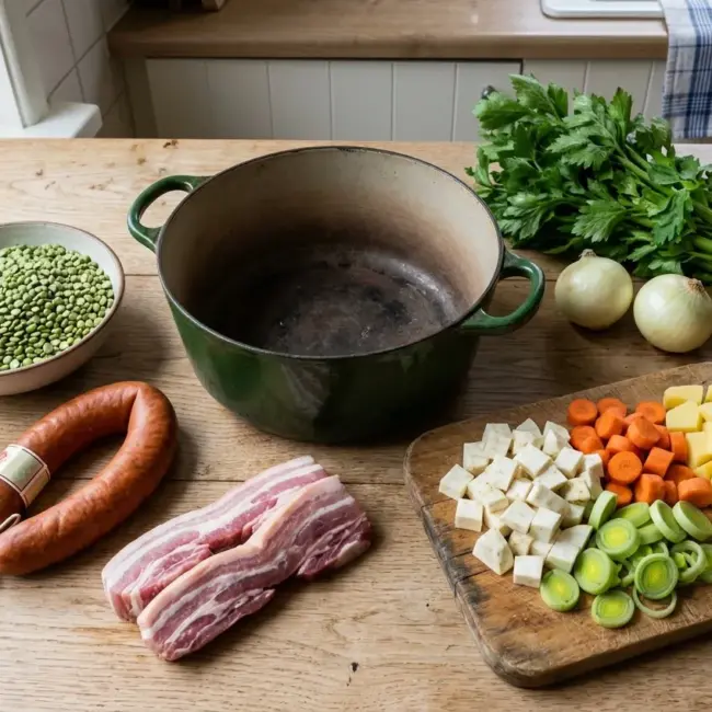 Ingrediënten voor erwtensoep: spliterwten, rookworst, speklappen en soepgroenten