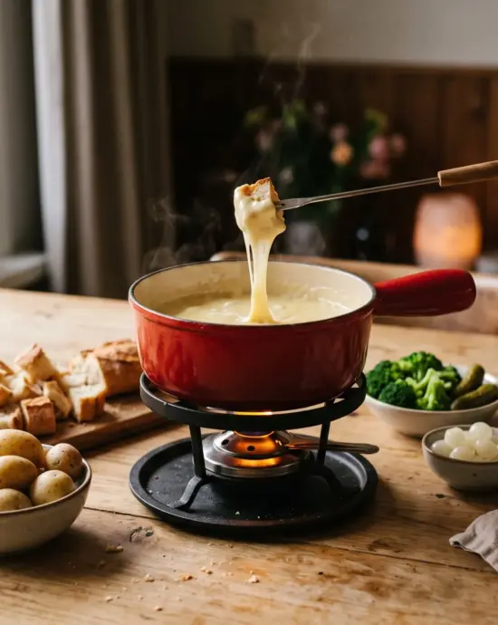 Kaasfondue in een rode fonduepan met stokbrood, krieltjes en broccoli om te dippen