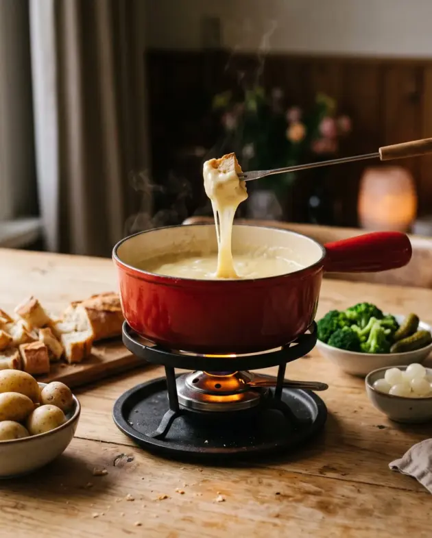 Kaasfondue in een rode fonduepan met stokbrood, krieltjes en broccoli om te dippen
