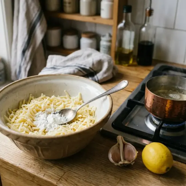 Geraspte gruyère en emmentaler gemengd met maizena voor kaasfondue