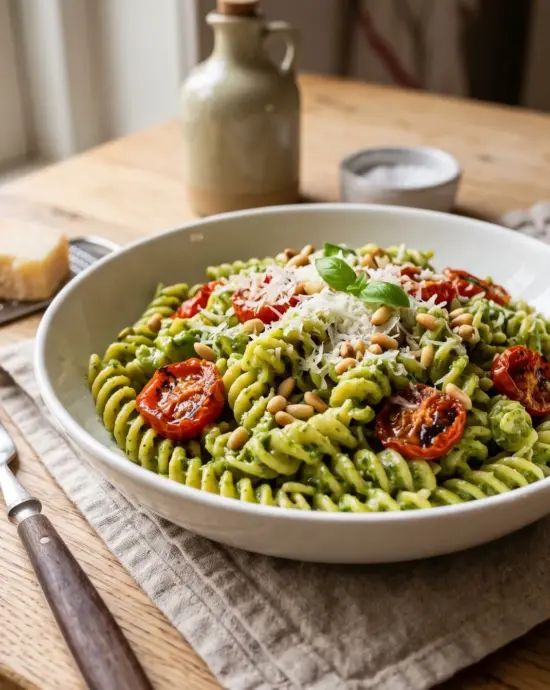 Pasta pesto met zelfgemaakte basilicumpesto, cherrytomaatjes, pijnboompitten en Parmezaanse kaas