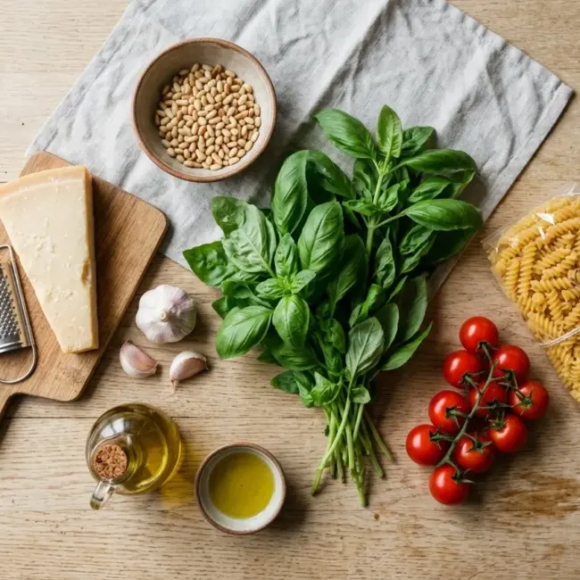 Ingrediënten voor pasta pesto: basilicum, pijnboompitten, Parmezaan, knoflook, olijfolie, cherrytomaatjes en fusilli