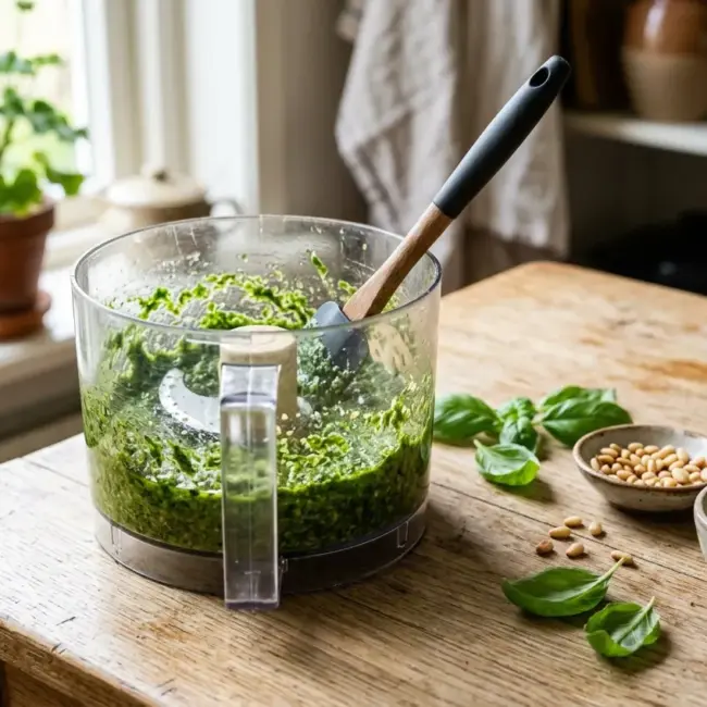 Zelfgemaakte basilicumpesto in de keukenmachine