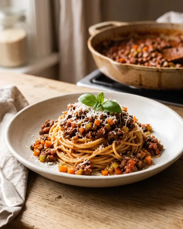 Spaghetti bolognese met geraspte Parmezaanse kaas en een blaadje basilicum