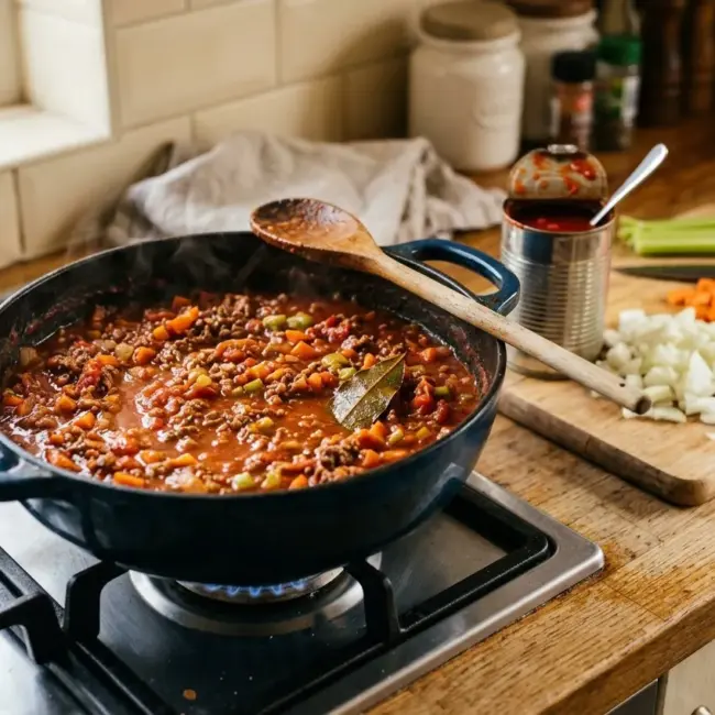 Bolognesesaus met gehakt, tomaat, wortel en bleekselderij pruttelt in een pan