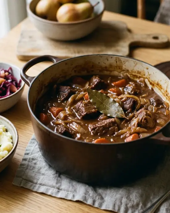 Hollands stoofvlees in een gietijzeren braadpan met aardappelpuree en rode kool