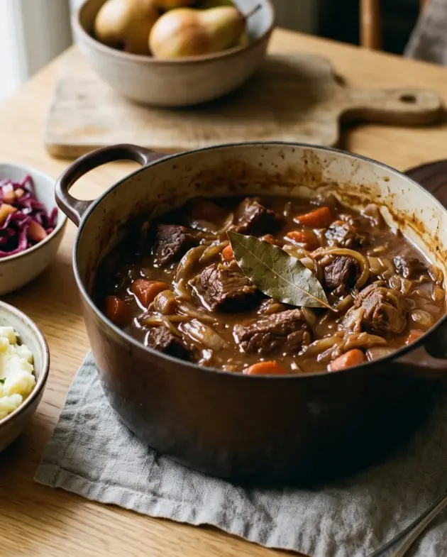 Hollands stoofvlees in een gietijzeren braadpan met aardappelpuree en rode kool