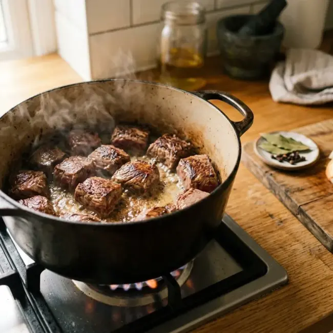 Runderlappen worden rondom bruin aangebraden in boter in een braadpan