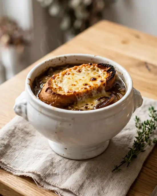 Franse uiensoep in een witte kom met gegratineerd stokbrood en gruyère