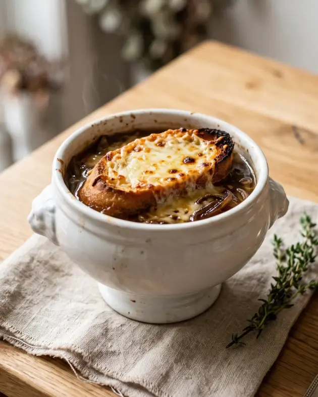 Franse uiensoep in een witte kom met gegratineerd stokbrood en gruyère