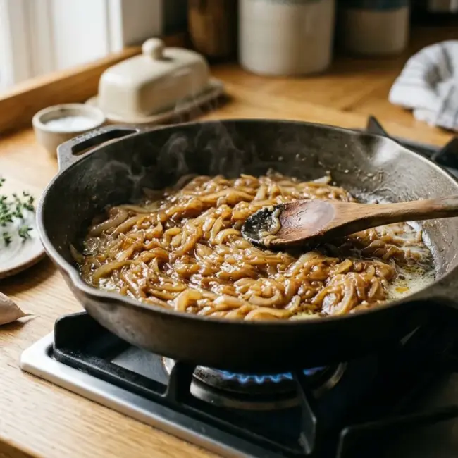 Dun gesneden uien karamelliseren goudbruin in een grote pan met boter